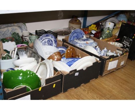 FIVE BOXES/BASKET AND LOOSE CERAMICS, GLASS, KITCHEN ITEMS, etc to include 'Spode Blue Room Collection' spice jars, blue and 