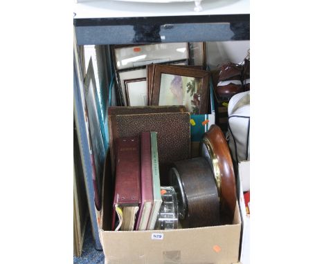 A BUNDLE OF WALKING STICKS, boxed and loose prints and paintings, including 19th Century topographical books, clocks, etc