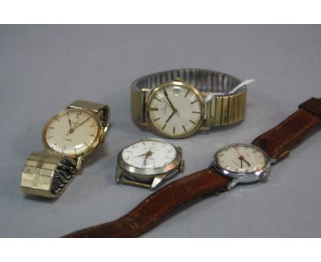 A 9CT GOLD GENTS OMEGA WRISTWATCH, on a plated bracelet, together with two Timex and a Windsor watch (4)