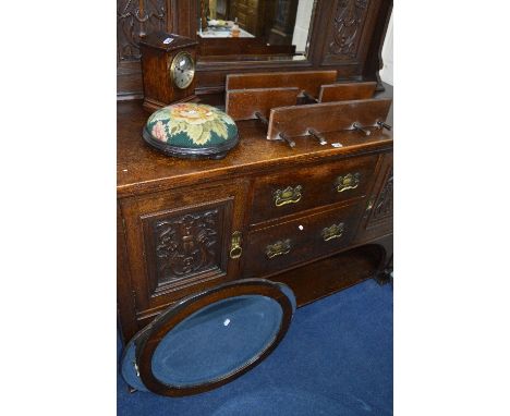 AN OAK CASED MANTLE CLOCK, (pendulum), gilt circular convex wall mirror, three other mirrors, wall shelf and a needlework foo