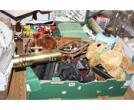 A BREXTON PICNIC HAMPER WITH CONTENTS, two table lamps and two boxes of toys and sundries, including brass Salters scales etc