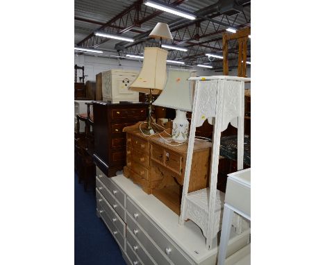 A PINE THREE DRAWER BEDSIDE CHEST, a pine bedside unit, a mahogany chest of four drawers, a painted plant stand, a painted bo