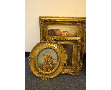 THREE GILT FRAMED REPRODUCTION CERAMIC PLAQUES, printed with flower fairies, putti and a scene of children and dogs (3)