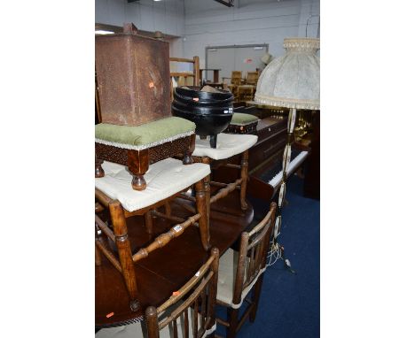 A METAL CAULDRON, two upholstered footstools, jerry can and a standard lamp (5)