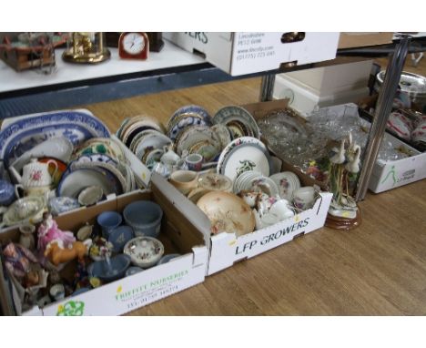 TWO BOXES OF GLASSWARE, A CAPO DI MONTE FLORENCE TABLE LAMP BASE (no fittings) and four boxes of ceramics including Wedgwood 