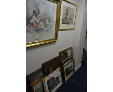 PRINTS, MIRROR AND PICTURES, a gilt framed bevel edge mirror, a painting of Fradley Junction buildings, a Print of Bubbles af