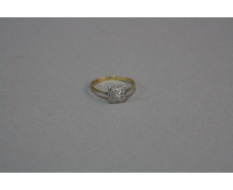 A LATE 20TH CENTURY 18CT GOLD DIAMOND DRESS RING, square shaped head estimated total diamond weight 0.08ct, ring size M, hall