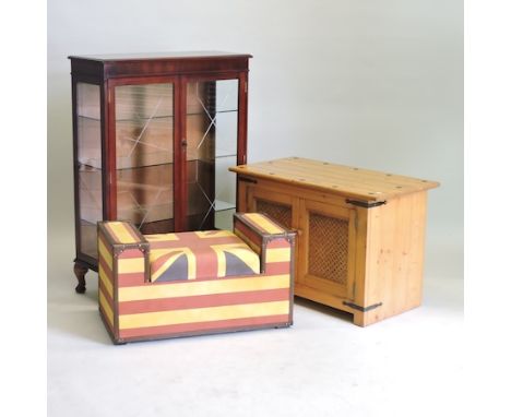 A Vintage Union Jack bench, 81cm, together with a pine cupboard and a mahogany glazed display cabinet