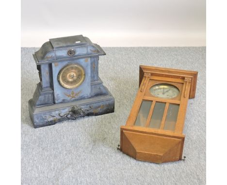 A 19th century black slate mantel clock, together with a 1920's wall clock
