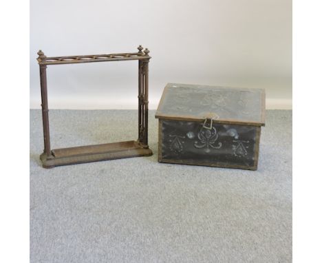 A Victorian cast iron stick stand, together with an Art Nouveau copper mounted pewter box, with a hinged lid, 