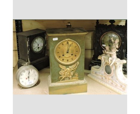 A Regency brass mantel clock, 35cm high, together with a Victorian black slate mantel clock, and various other clocks (6)