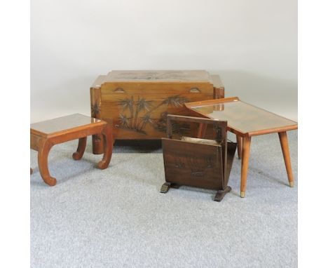 A Malaysian camphor wood trunk, 91cm, together with two occasional tables and a magazine rack