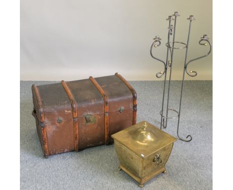 An early 20th century travelling trunk, 76cm, together with a metal floor standing candelabra and an Edwardian brass coal box