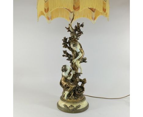 A large 19th century painted plaster figural table lamp and shade, 113cm tall overall