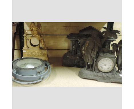 A mid 20th century marine compass, on a gimbal, 30cm diameter, together with a 19th century mahogany cased wheel barometer an