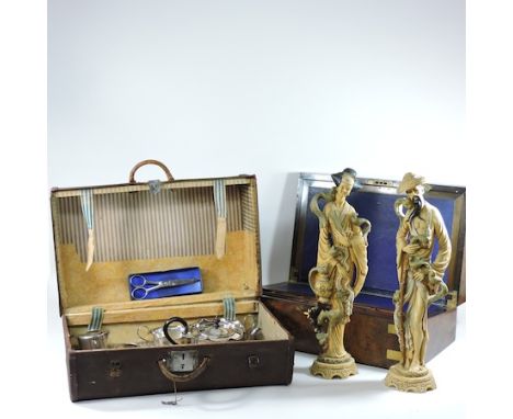 A large early 19th century pollard oak and brass bound writing slope, 51cm, together with a vintage case, two figures, a plat