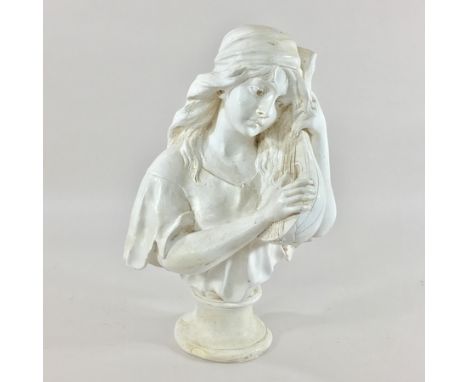 A plaster model of a young girl playing the lute, 49cm tall