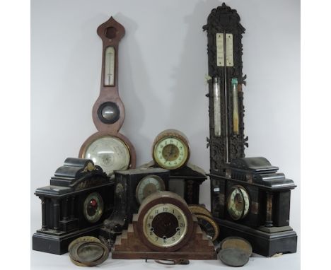 A 19th century mahogany cased wheel barometer, together with two 19th century black slate mantel clocks, various clock moveme