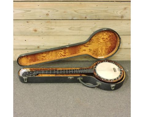 An early 20th century five string zither banjo, by Alfred Weaver, 90cm, cased, with tensioning tool