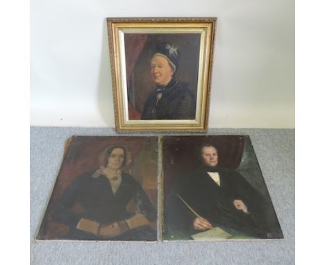 English school, 19th century, portrait of a lady, oil on canvas, 60 x 40cm, together with a pair of portraits of a lady and g