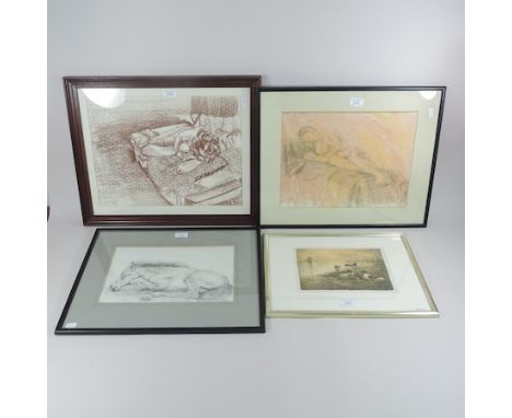 Maurice Hagemanns, 1852-1917, Sunset effect, coloured lithograph, 19 x 25cm, together with two figural studies by Georgie Roy