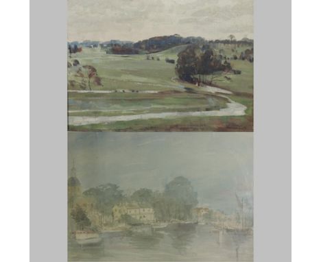 R. Smith, 20th century, Much Hadham landscape, oil on canvas, 37 x 53cm, together with continental school, river landscape, w