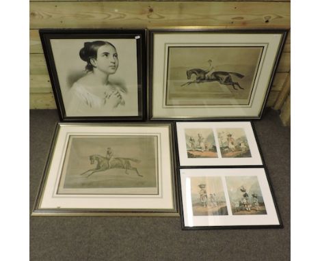 Lemercier, portrait of a girl, print, 54 x 46cm, together with a pair of prints of figures and two racing prints by Basil Nig