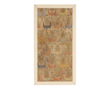 AN IMPERIAL CHESTNUT-GROUND SILK 'BATS AND SHOU SYMBOLS' BROCADE RECTANGULAR PANELWanliFinely woven in a repeating pattern wi