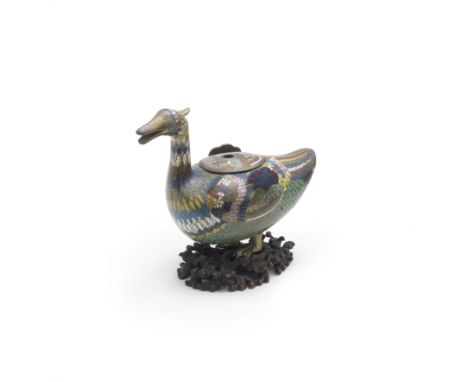 A CLOISONNÉ ENAMEL DUCK-SHAPED INCENSE BURNER AND COVER16th/17th CenturyFinely modelled in the shape of a duck with its head 
