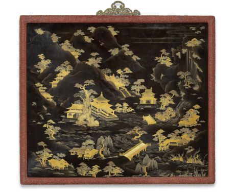 A VERY RARE GILT-DECORATED BLACK-LACQUERED PANEL AND CARVED CINNABAR LACQUER FRAME FOR THE IMPERIAL COURTLate 18th centuryThe