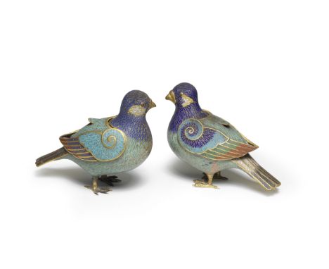 A RARE PAIR CLOISONNÉ ENAMEL 'PIGEON' INCENSE BURNERS AND COVERSQianlongEach finely modelled in the form of a pigeon, the fea