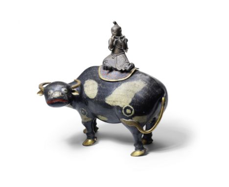 A VERY LARGE AND RARE CLOISONNÉ ENAMEL 'WATER BUFFALO AND HERDBOY' INCENSE BURNER AND COVER18th centuryThe 'water buffalo' mo