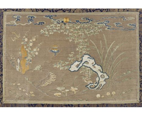 A RARE EMBROIDERED SILK IMPERIAL LANDSCAPE18th CenturyThe panel finely embroidered in gold thread and counted satin stitch wi