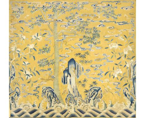A RARE IMPERIAL YELLOW-GROUND SILK EMBROIDERED THRONE-CUSHION COVERQianlongFinely embroidered with a summer scene of layered 