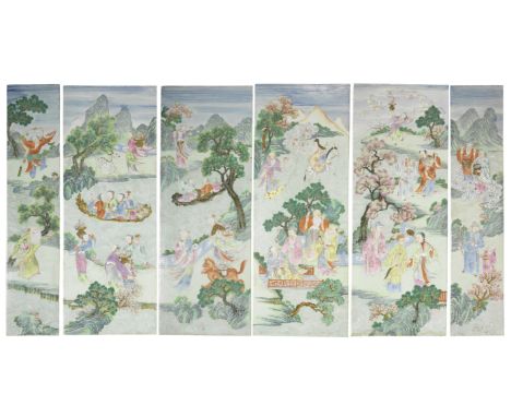 A RARE PART-SET OF SIX FAMILLE ROSE 'IMMORTALS' PLAQUESJiaqingThe rectangular panels all superbly enamelled with groups of Im