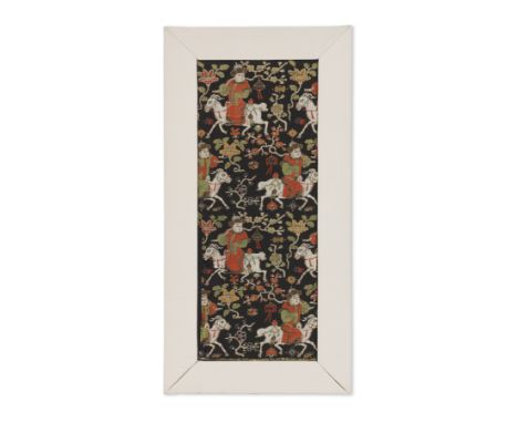 A RARE BLACK-GROUND 'BOYS AND RAMS' BROCADE PANEL15th/16th centuryThe silk satin panel finely woven with repeating patterns o