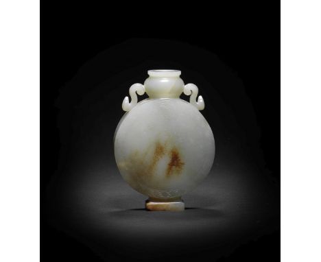 A RARE PALE GREEN AND RUSSET JADE IMPERIALLY-INSCRIBED 'CHRYSANTHEMUM' MOONFLASK, BIANHUQianlongThe vessel finely carved with