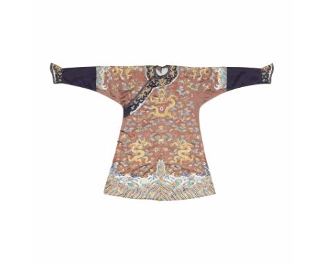 A RARE CHESTNUT-GROUND EMBROIDERED SILK 'DRAGON' ROBE, JIFUQianlongThe vibrant chestnut ground worked in counted stitch and c