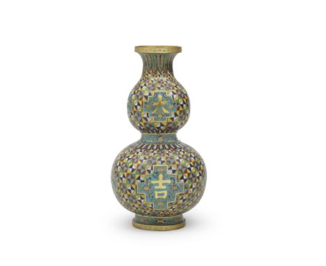 A RARE CLOISONNÉ ENAMEL 'DA JI' DOUBLE GOURD VASEQianlongElegantly modelled with a large globular lower bulb with four steppe