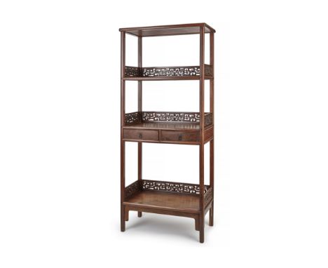 A HUANGHUALI THREE-SHELF BOOKCASE, JIAGEMid Qing Dynasty Of rectangular form and standard mitre, mortise and tenon constructi