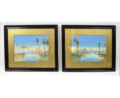 K OMAN, ORIENTALIST SCHOOL, 20th century, a pair, “Figures by a Lakeside with Minaret”gouache on paper, signed, 57cm x 47cm H
