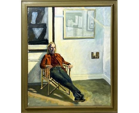 MANNER OF DAVID HOCKNEY 'Gabriel Resting', oil on canvas, signed Norman Olley lower right, 91cm x 75cm, framed. 