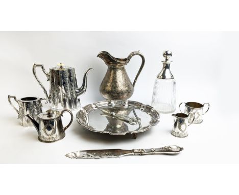 COLLECTION OF SILVER PLATED WARE, including Victorian bachelors tea set, a Victorian Mappin &amp; Webb coffee pot and milk ju