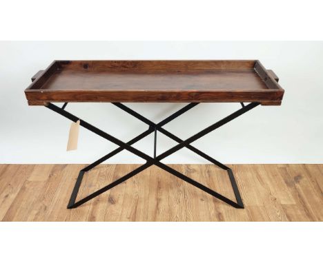 CONSOLE TABLE, wooden tray top on folding base, 110cm x 76cm H x 35cm. 