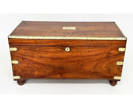 CAMPHORWOOD TRUNK, 19th century Chinese export brass bound with rising lid, carrying handles and turned supports, 102cm x 51c