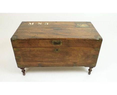 CAMPHORWOOD TRUNK, 19th century of compact proportions, rising lid with brass caps and carrying handles on short legs with ca
