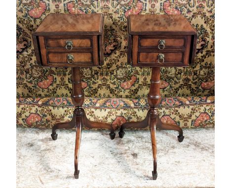 LAMP TABLES, a pair, mahogany with drop flaps, to each with two drawers on tripod support, each 28cm x 28cm D x 75cm H. (2) 
