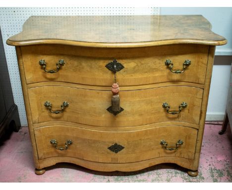 SERPENTINE COMMODE, 86cm H x 62cm D, 19th century German walnut and burr walnut of three drawers. 