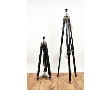 TRIPOD ADJUSTABLE FLOOR LAMPS, a pair, ebonised wood with metal fittings, each approx 150cm H. (2) 