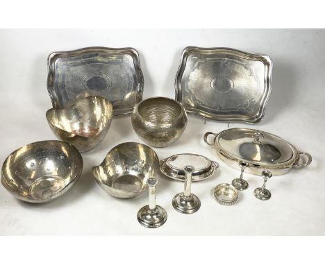 TRAYS, a pair, silver plated, a 1970s jardiniere, three designer bowls, a pair of Mappin and Webb candlesticks, another pair 